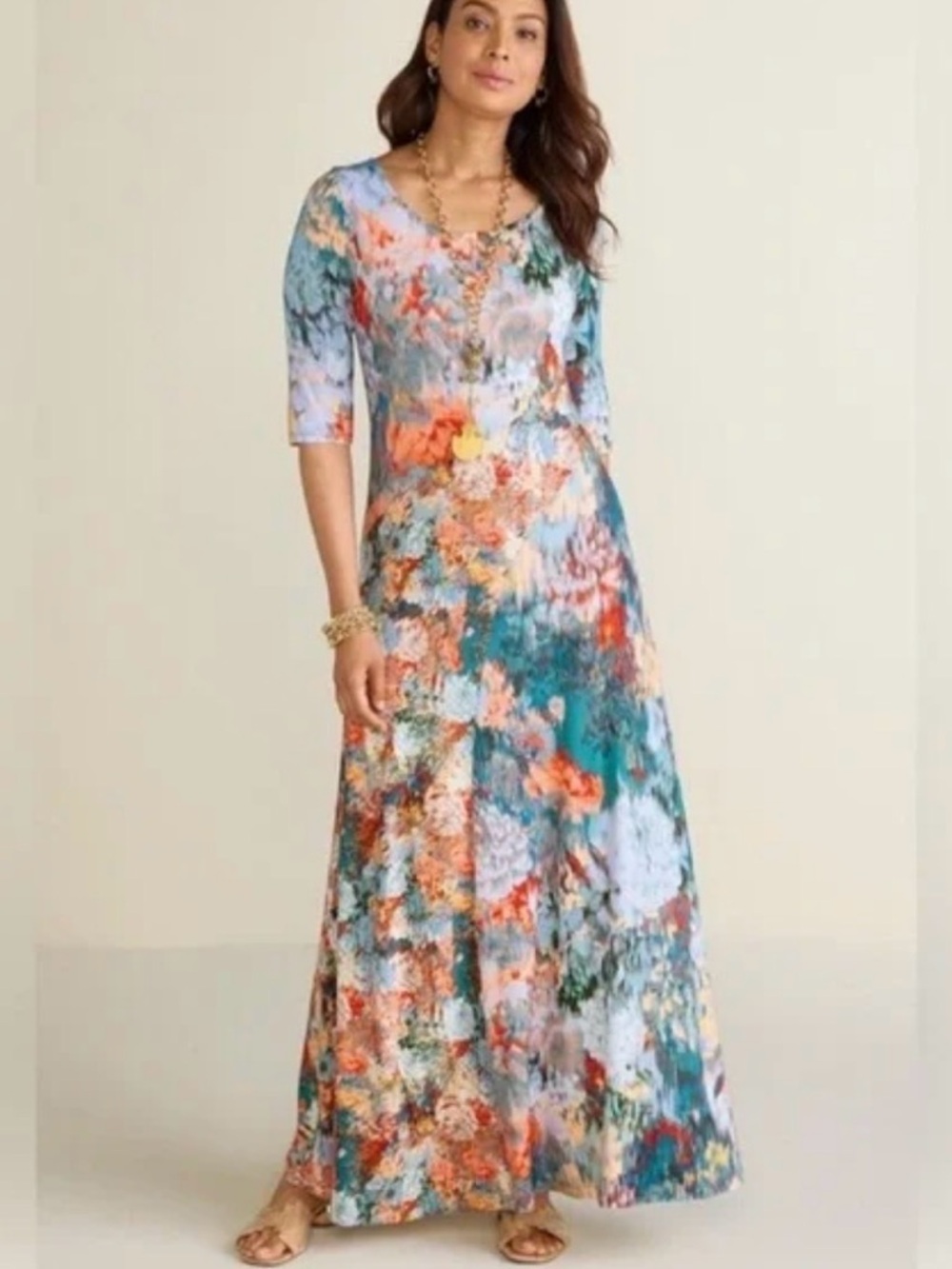 Soft Surroundings Multicolor Floral Scoop Neck Maxi Dress Jersey Knit 3/4sleeves - Picture 3 of 15